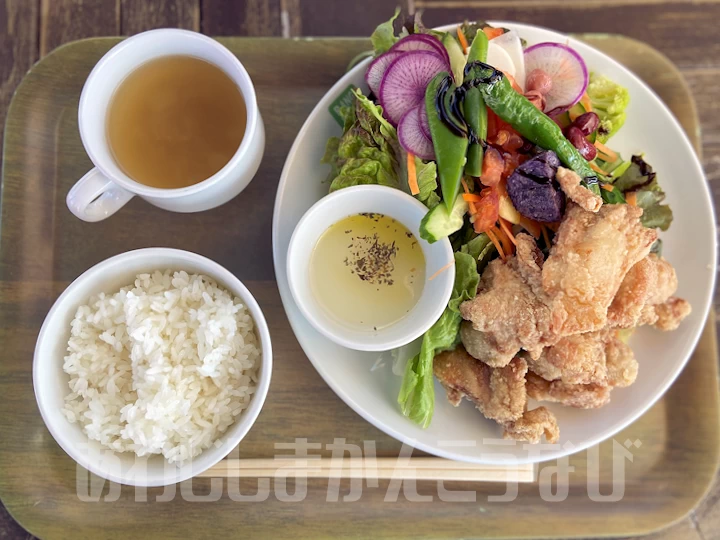 淡路島のおいしいサラダと唐揚げの定食